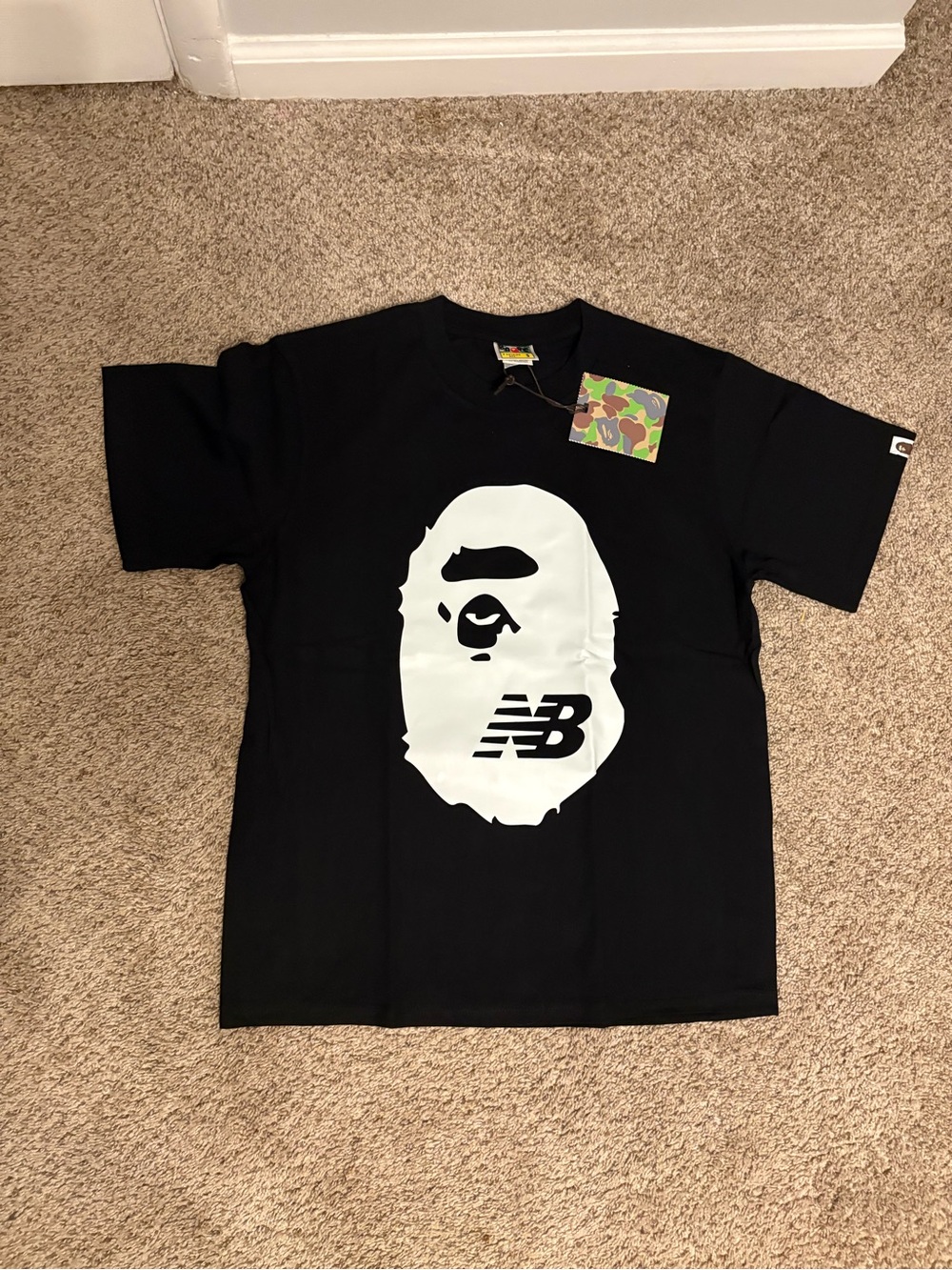 Bape Black T-Shirt with White Ape Head and New Balance Logo